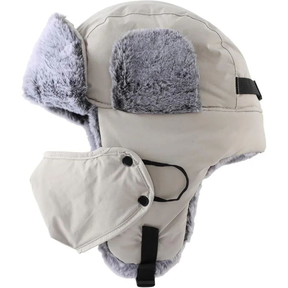 Men's Light Grey Trapper Hat Faux Fur Trooper Hunting Cap with Face Mask
